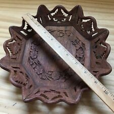 VTG 1960s Octagonal Wood Serving Tray w/ Hand Carved Floral Hollow Edge 9.75