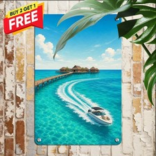 Luxury Ocean Resort Seascape Sign Speedboat Over Turquoise Bay Metal Tin Plaque picture