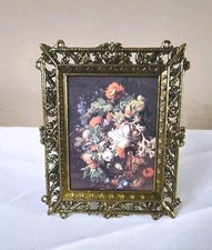 MCM Mini Ornate Brass Framed Floral Print Still Life Square Victorian Italy VTG picture
