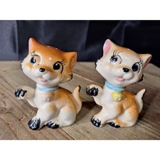 Vintage Ceramic Cat Salt &‎ Pepper Shakers Orange Blue Collar Mid Century Kitsch picture