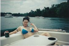 Vintage 1990's Found Photo - Sexy Woman In Bikini Drinks Beer On Boat On Lake picture