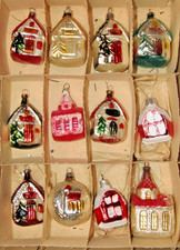 Lot VTG Glass WINTER LOG HOUSE CHURCH Mica Figurine Christmas Ornaments Germany picture