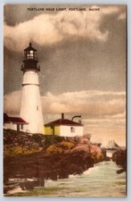 1937 Portland Head Light Maine Lighthouse Hand Colored Postcard Cape Elizabeth picture