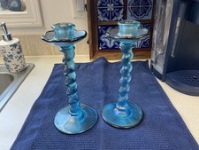 vintage Fenton iridescent glass candlestick Round Base Swirled Stick 9 1/2” picture