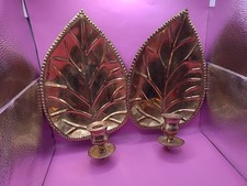 Vintage Brass Leaf Candle Stick Holder Wall Hanging Pair picture