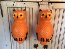 Blow Mold Halloween Orange Hanging Owls Lighted PAIR Union Products 14” picture