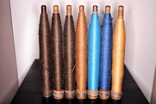 7 Vintage Antique Wooden Yarn/Thread Spool Spindle Bobbin W/ Colorful Yarn 9.5