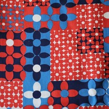 Vintage 1970s Flower Power Fabric Red, White, Sky Blue Retro Floral 1.8 yds picture
