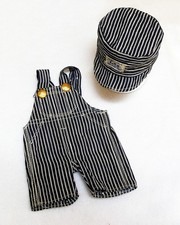 Vintage 1940s Buddy Lee Doll Hickory Stripe Railroad Overalls Hat Set picture