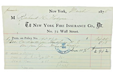 Antique New York Fire Insurance Co Invoice 1875 Antique Wall Street Handwritten picture