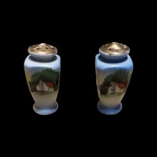 Pre WW1 Hand Painted Barn Tree Scene Blue Gold Salt Pepper Shakers Japan 3” Tall picture