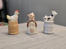Vintage 1980s Enesco Rooster, Pig, And Cow Porcelain Thimbles Figurines picture