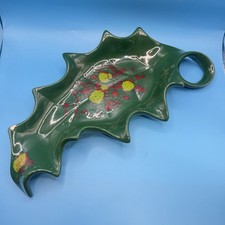 Vintage Green Ceramic Holly Leaf Serving Dish Christmas Candy Tray 15” picture