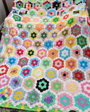 Vintage Handmade Grandmother's Flower Garden Quilt 98x98 Hexagon Patchwork picture