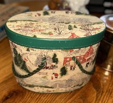 Vintage Grandma Moses Bark Cloth Christmas Fabric Sewing Box picture