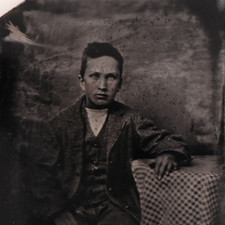 Antique CDV 6th Plate Tintype Photo Rugged Young Man Seated by Table #1395 picture