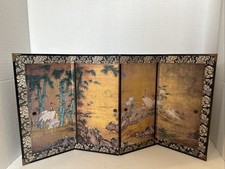 Vintage Gold Japanese Byobu - 4 Panel Screen Birds/Rocks /Greens picture