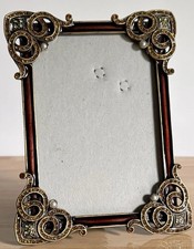 3.5”x5” Ornate Metal Brown Enameled Frame Pearls , Amber & Pale-Green Jewels picture