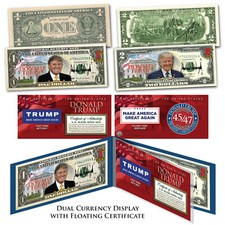 DONALD TRUMP 45/47 Genuine $1 Bill & $2 Bill Set Tri-Fold Display with Dual Cert picture