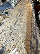 Vintage Handmade Beige Crochet Lace Floral Rectangular Table runner. picture