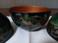 3 Vintage Chinese Laquerware Handpainted Bowls, Gold Color Inside With Koi Fish  picture