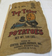 Vintage 1950s TOP TATER Potatoes Central Sands Produce Burlap Bag Bancroft WI picture