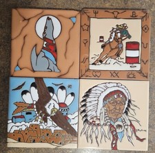 4 Earthtones tiles 1995 Native American, Earth Dwellings, coyotes, barrel racing picture