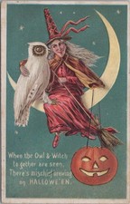 Antique Embossed Halloween Postcard- Witch Sits On Moon With Owl picture