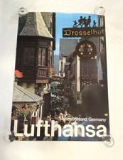 Vintage Lufthansa Airlines Vacationland Germany Travel Poster 80s Drosselgasse picture