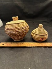 Vintage Native Alaskan Scammon Bay Yupik Woven tapernaq Grass Baskets Knob Lids picture