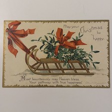 Antique Clapsaddle Christmas Postcard ~ Sleigh Mistletoe Bows Undivided #51320 picture