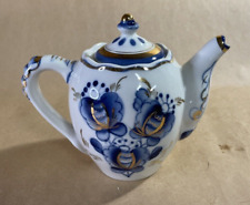 Vintage Teapot Russian Gzhel Porcelain Cobalt with Gold Ornament picture