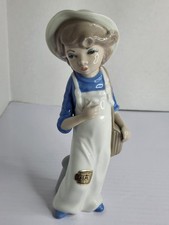 Vintage Casades Porcelanas Spain Porcelain Figurine Girl in Overalls Hat 7” Tall picture