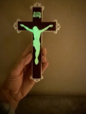 Vintage Antique Luminous Catholic 7 Inch Crucifix Glow in Dark Green Plastic picture