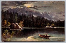 1909 Moonlight Lake Mountain Boat Night Scene German Art Series Postcard picture