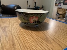 Vintage Famille Noire Chinese Porcelain Hand Painted Bowl Water Black Floral picture