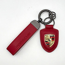 NEW - Leather Custom Red Porsche Crest Emblem Car Key Chain Key Ring Holder Gift picture