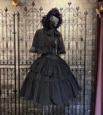 Sheglit Sacred Black Tiered Dress Vintage Gothic Lolita Stand Collar Japan picture