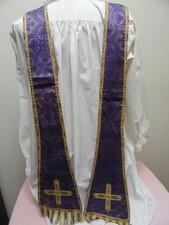 Antique French Catholic Purple Silk Stole Gold Threads picture