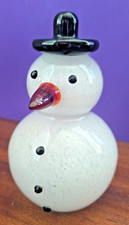 Hand Blown Art Glass Snowman Figurine Black Top Hat Carrot Nose 6