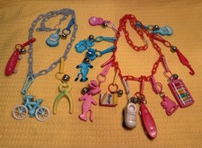Vintage 1980s Plastic Bell Charm Necklace Lot 15 Clip-On Charms 2 Chains Retro picture