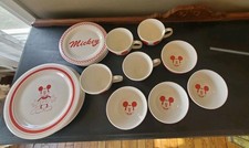 Vintage Disney Gourmet Mickey Ceramic Dinner Plates Set Retro Red Stripe Checked picture