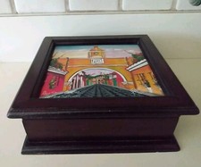 Signed Arco De Catalina Wood & CeramicTile Mahogany Folk Art Jewelry Storage Box picture