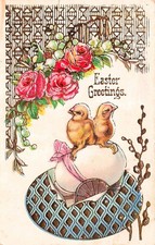 Art Nouveau Easter Blue Gold Lattice Ornate Egg Geometric Forms Vtg Postcard 13A picture