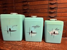 Lot 3 Lustro Ware Turquoise Teal Plastic Canisters Sugar Coffee Tea Sears Maid picture