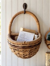 Vintage Wicker Wall Basket Hanging Woven Rattan Farmhouse Cottage Kitchen picture