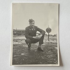 Vintage B&W Snapshot Photograph Handsome Young Army Military Man Stop Sign picture