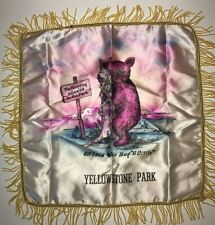 VTG Satin Pillow Cover Sham Fringe Yellowstone Park No Hugging Allowed Bear 15