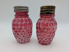 Vintage Cranberry Opalescent Coin Dot Swirl Salt Pepper Shakers Art Glass Pair picture