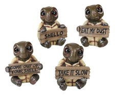 Ebros Whimsical Cute Sea Turtles Set of Four Statue Set Holding Signs with Funny picture